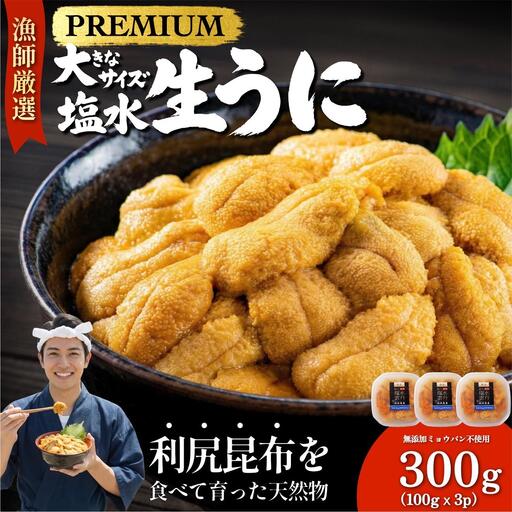 【2026年発送受付】漁師厳選！利尻天然うに”プレミアム”ムラサキウニ 300g塩水パック【2026年6～8月発送分】｜北海道 天然 朝獲れ 塩水ウニ 無添加 ミョウバン不使用 [1060077]