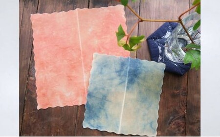 藍染草木染エコラップ2枚セット（S，M) 絞り柄セット(藍染、茜染め）