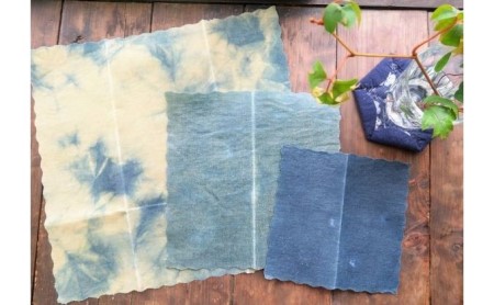 藍染草木染エコラップ3枚セット（S，M，L) 藍染、茜染め、やまもも染めセット