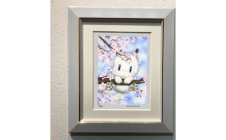 インチ版画「桜の木にラブちゃん乗っかかる」 奈良市 有限会社SOCKS　版画　絵画　版画　絵画　版画　絵画　版画　絵画　版画　絵画　F-64  奈良 なら