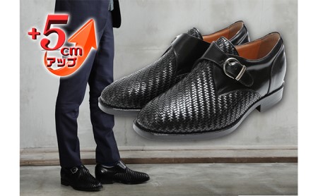 ビジネスシューズ 本革 革靴 カンガルー革 メッシュ モンク 紳士靴 5cmアップ シークレットシューズ No.75 ブラック 25.0cm