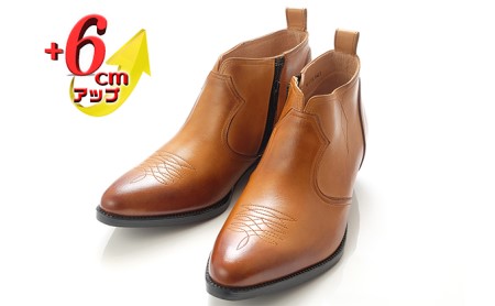 ウエスタンブーツ メンズ サイドファスナー カウボーイ ショート 6cm シークレットブーツ 本革 No.888 キャメル ファッション 靴 シューズ  BN003 25.5cm