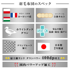 抜群のあたたかさ 上質羽毛掛け布団ダウンパワー400(WDD93%1.2kg