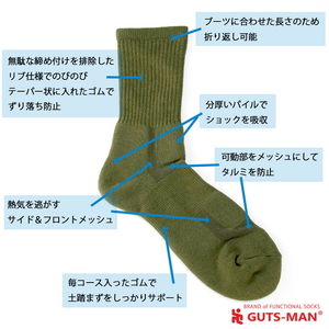 GUTS-MAN 機能性サポートパイルソックス (PD-01)3足組｜ガッツマン パイル靴下 靴下 くつ下 メンズ 紳士 自衛隊ソックス 登山 日本製 国産 奈良県産 ※離島への配送不可
