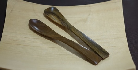 木製 デザートカトラリー ４本セット／津田瑞苑 ガラスコーティング スプーン ヨーグルト用スプーン フォーク ナイフ リグナムバイタ