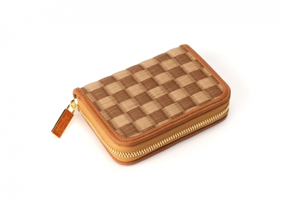 葵 (Aoi) ラウンドカードケース 鶴・茶 ／ 織田畳店 セキスイ樹脂製表 畳表 高級感 本革 京西陣金襴織物 奈良県 田原本町