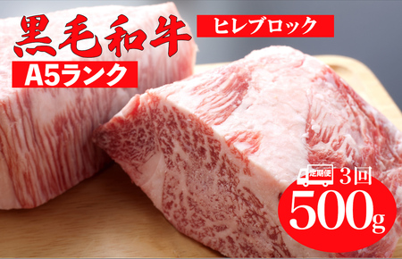 【3回定期便】国産 黒毛和牛 ヒレブロック 500g A5 ヒレブロック