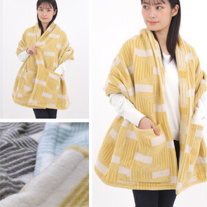 【ポケット付】洗えるタスマニアラムウール混大判ストール イエロー 70×180cm  OTW-7018-YE