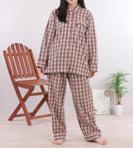 【カラー：ピンク サイズ：L】ヤクウール 格子柄 レディスパジャマ