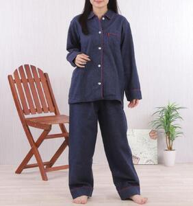 【カラー:ネイビー サイズ:L】フランネル 無地 レディス パジャマ