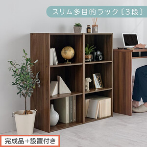 【完成品＋設置付き】スリム多目的ラック〔3段〕（ウォールナット）カラーボックス 3段 収納 スリム 本棚 おしゃれ 大容量 ラック マルチラック 書棚 木製スリム収納 a4 ロータイプ 薄型 横置き 漫画 文庫本 AKONBR920068-0-WAL