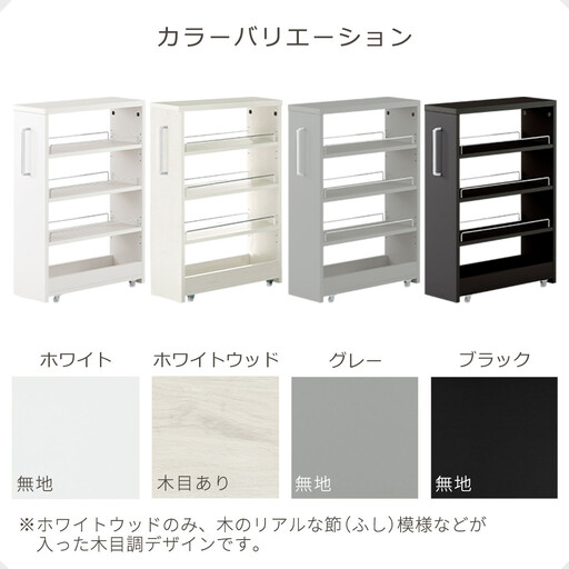 【完成品でお届け】すき間ワゴンラック ロータイプ〔幅20cm〕（ブラック）隙間収納 キッチンラック スリム スリムラック キッチン キッチンワゴン 収納 すき間収納 ランドリー ラック 4段 KKANRA945060-0-BK1