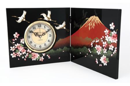 屏風時計富士に桜（木製・カシュー漆塗）【紀州漆器】