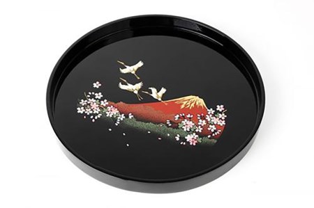 木製丸盆 30cm 一富士二鶴三桜