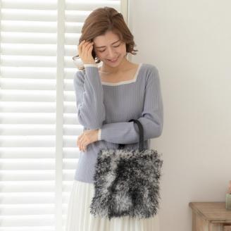 【0885-1】くるくる可愛い！チベットラム手提げバッグ　グレー×ブラック 9,940円