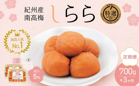 【3カ月定期便】紀州産南高梅 梅干し しらら （塩分5％）700g（350g×2入） / A級品 梅干し 梅干 梅 和歌山 田辺 紀州南高梅 南高梅 うす塩 減塩 塩分控えめ ご飯のお供 【nkt015-tk】