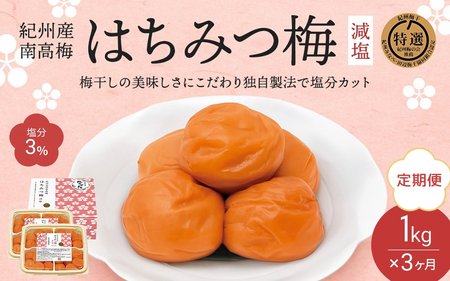 【3カ月定期便】紀州南高梅 はちみつ梅 減塩(塩分3%)1kg(500g×2) / A級品 和歌山 田辺市 紀州南高梅 南高梅 梅干し 梅干 梅 はちみつ梅 減塩 塩分控えめ 【nkt021-tk】