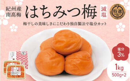 梅干し 紀州南高梅 はちみつ梅 減塩（塩分3％）1kg(500g×2) / 梅干し 減塩梅干し はちみつ 和歌山 はちみつ梅干し 田辺市 紀州南高梅 南高梅 紀州梅干し 梅干 梅 はちみつ梅 減塩 塩分控えめ【nkt009-2】