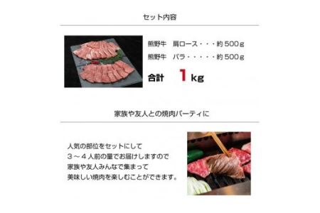 特選黒毛和牛 熊野牛 焼肉セット（バラ・肩ロース） 約１kg【mtf400】