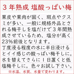 規格外品 無添加無農薬 昔ながらの梅干し 紀州南高梅 塩のみで漬けたすっぱい梅干し 800g（400gパック×2個）塩分約23% 3年熟成品 N20-K ［KU8］