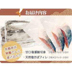 和歌山魚鶴仕込の甘口塩銀鮭切身4切＆天然塩さばフィレ4枚(2切×2パック＆2枚×2パック　小分け)【配送不可地域：離島】【1403079】