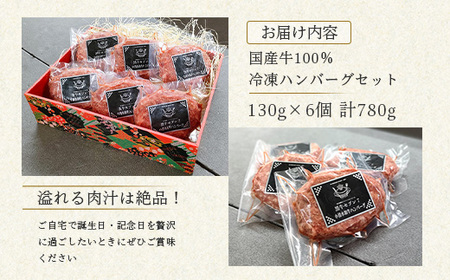 国産牛100%冷凍ハンバーグセット(6個入)130g×6個 計780g【15001】