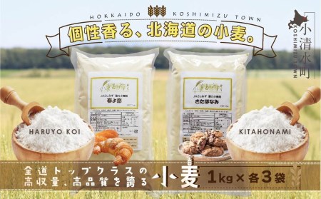 北海道小清水町産 小麦粉6kgセット（春よ恋1kg×3袋・きたほなみ1kg×3袋）【01014】