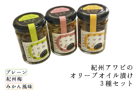 紀州アワビのオリーブオイル漬け 【プレーン・紀州梅・みかん】 3種セット 100g×3個【riz303】