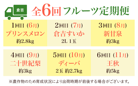 【数量限定】倉吉のフルーツ定期便 2026 先行予約 【6月から6回のお届け】鳥取県 倉吉市 新甘泉 二十世紀梨 王秋 スイカ プリンスメロン ディーバメロン メロン 6回 お届け 果物 定期便 期間限定