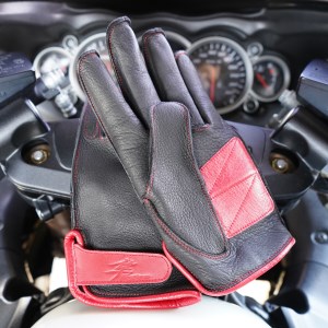 Y094 隼ロゴ入りライダー用鹿革グローブ(赤色)