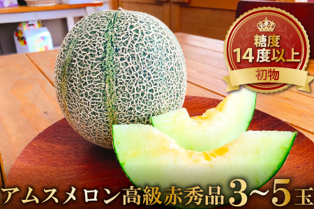 C-410 初物 糖度14度以上 アムスメロン 高級赤秀品 1ケース（3～5玉）【メロン 先行予約 果物 くだもの フルーツ アムスメロン めろん 糖度14度以上 高級 赤秀品 期間限定 季節限定 早期予約】