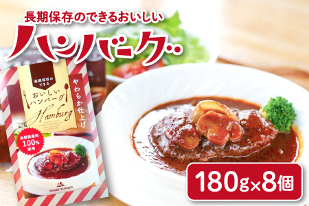 長期保存のできるおいしいハンバーグセット【レトルト ハンバーグ 180g 固形量 120g 8個 牛肉 豚肉 手作り デミソース 非常食 長期保存 島根県産 肉 100% 国産 大田市 贈答 ギフト】