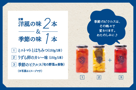 やまあいピクルス 定番洋風2本+季節1本(おまかせ)|ピクルス ピクルス ピクルス 野菜 健康 洋風 詰め合わせ セット YP-3