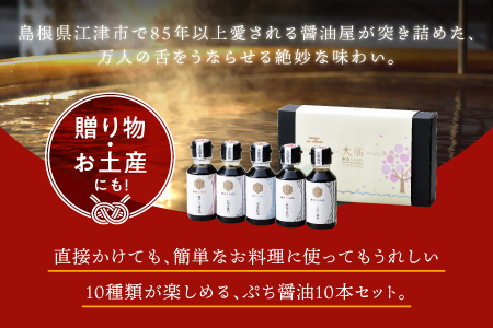 店主おすすめ！大亀醤油 ぷち醤油5種(全100ml各1本)5本セット【YS-19】｜送料無料 大亀醤油 国産 ぷち醤油 醤油 しょうゆ しょう油 濃口うす塩 お豆腐の醤油 しいたけめんつゆ ごぼう醤油 柚子の醤油 調味料 料理 料理好き キャンプ アウトドア ギフト 贈物 プレゼント｜