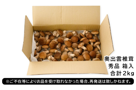 「奥出雲椎茸」秀品 箱入 2kg 【椎茸 生しいたけ 2kg 肉厚 収穫直後 サイズ混合 新鮮 旨味たっぷり 菌床栽培 国産 きのこ キノコ 野菜 料理 食品 産地直送 自宅用】