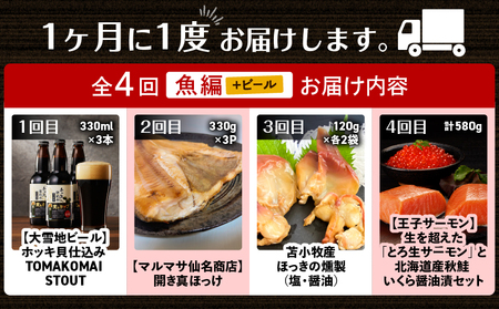 【 全4回 】とまこまい のんだくれ 定期便 ～ ビール & 魚編 ～ T000-T06-01 TOMAKOMAI STOUT 国内初 酒 アルコール 地ビール 黒ビール 瓶ビール ホッキ貝 スタウト 発泡酒 冷蔵 大雪地ビール 魚 魚類 魚介類 魚貝類 ほっけ ホッケ 焼き魚 ご飯のお供 おかず 個包装 個別包装 小分け 冷凍 便利 時短 簡単 ご褒美 贅沢 夕食 マルマサ 恵千フーズ 貝 貝類 加工品 加工食品 惣菜 総菜 燻製 苫小牧産 国産 人気 お刺身 エフジーエース お魚 さかな サーモン 刺身 お寿司 寿司 ブロック いくら イクラ いくら醤油漬け 酒の肴 王子サーモン ふるさと納税 北海道 苫小牧市 おすすめ ランキング プレゼント ギフト