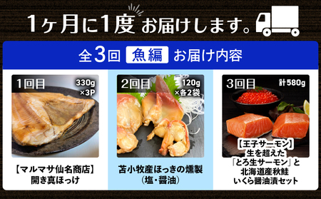 【 全3回 】とまこまい のんだくれ 定期便 ～ 魚編 ～ T000-T06-02 魚 魚類 魚介類 魚貝類 ほっけ ホッケ 焼き魚 ご飯のお供 おかず 個包装 個別包装 小分け 冷凍 便利 時短 簡単 ご褒美 贅沢 夕食 マルマサ 恵千フーズ 貝 貝類 加工品 加工食品 惣菜 総菜 燻製 苫小牧産 国産 人気 お刺身 エフジーエース お魚 さかな サーモン 刺身 お寿司 寿司 ブロック いくら イクラ いくら醤油漬け 酒の肴 王子サーモン ふるさと納税 北海道 苫小牧市 おすすめ ランキング プレゼント ギフト