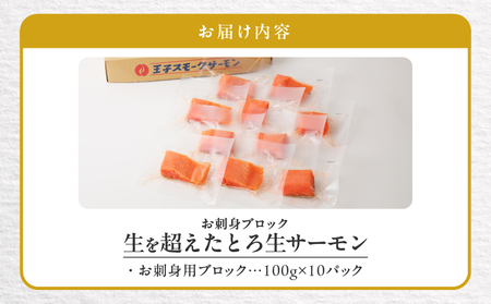 【王子サーモン】生を超えた「とろ生サーモン」お刺身用ブロック 1kg　T041-009 サーモン トロ 鮭 しゃけ 冷凍 個包装 魚 お魚 さかな 食品 人気 おすすめ 送料無料 お取り寄せ 北海道 苫小牧市 苫小牧 王子サーモン