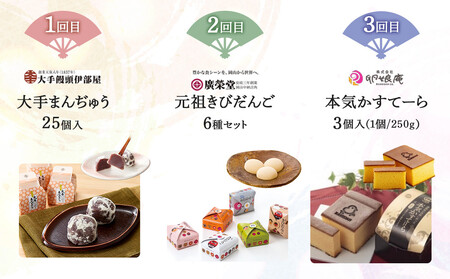 【定期便 3回】岡山銘菓 定期便(大手まんぢゅう・廣榮堂 元祖きびだんご・卵娘庵のカステラ)