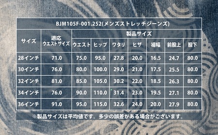 メンズストレッチジーンズ（色：ナチュラル加工のブルー） 34インチ：86.0cm