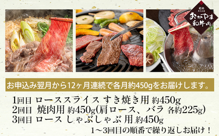 定期便 12ヶ月 おかやま 和牛肉 A4等級以上 食べ比べ 毎月 約450g×12回 牛 赤身 肉 牛肉 冷凍