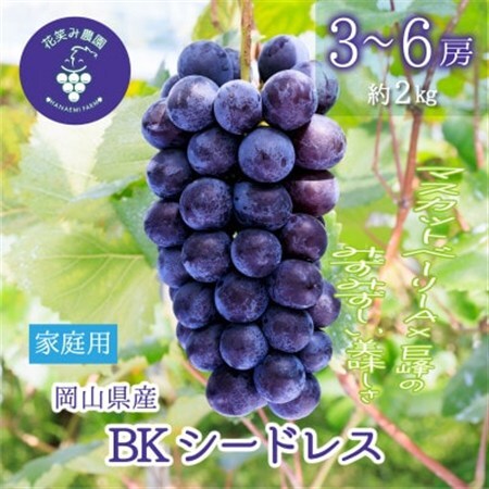 【2026年先行受付】岡山　花笑み農園の『BKシードレス』家庭用　約2kg(3～6房)　B-2家【配送不可地域：離島・北海道・沖縄県】【1626804】