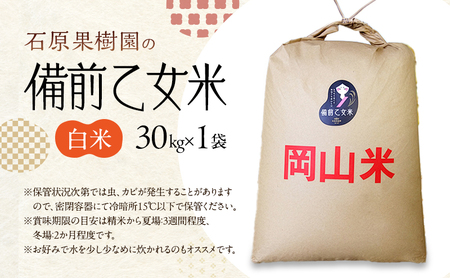 米 令和7年産 石原果樹園の備前乙女米 白米 30kg×1袋 ※11月上旬~順次発送予定 お米 精米 白米 ライス 乳酸菌栽培 岡山県 おにぎり お弁当