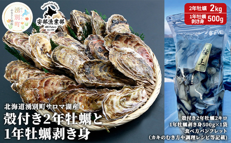 ≪先行予約10月中旬以降発送≫北海道湧別町サロマ湖産  殻付き2年牡蠣2kgと1年牡蠣剥き身500g