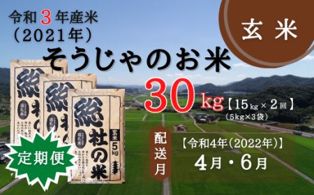 21-025-010.そうじゃのお米【玄米】30kg(15kg×2回)〔令和4年4月・6月配送〕