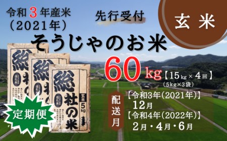 21-050-008.そうじゃのお米【玄米】60kg(15kg×4回)〔令和3年12月・令和4年2月・4月・6月配送〕