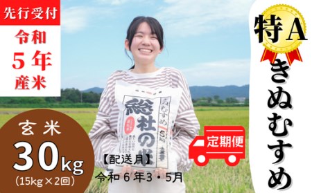 令和5年産米】特Aきぬむすめ【玄米】30kg定期便（15㎏×2回）岡山県総社