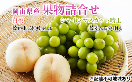 桃 ぶどう 2026年 先行予約 果物詰合せ 白桃 2玉 (1玉200g以上)  シャイン マスカット 晴王 2房 (合計約940g) 化粧箱入り 岡山県産 国産 フルーツ 果物 ギフト