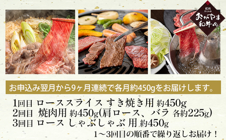 定期便 9ヶ月 おかやま 和牛肉 A4等級以上 食べ比べ 毎月 約450g×9回 牛 赤身 肉 牛肉 冷凍 お肉 評価 上質 黒毛和種 とろける 霜降り 美味しい 焼肉 しゃぶしゃぶ 