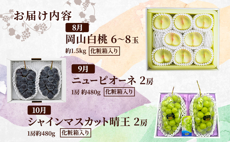 定期便 2026年 先行予約 岡山の人気果物 厳選 3回コース 桃 白桃 ぶどう ピオーネ シャインマスカット 晴王 赤磐市